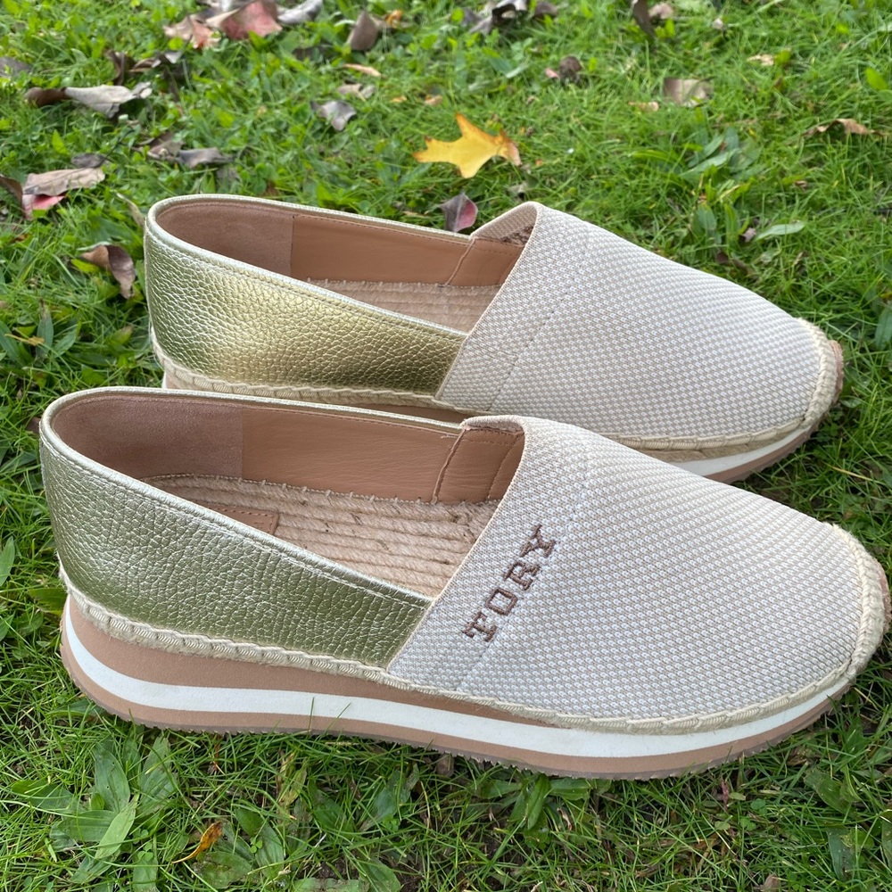 Tory Burch Daisy Metallic Slip On Espadrille Trainer Loafer Sneaker